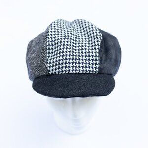 Upcycled Patchwork Wool Herringbone Houndstooth Plaid Black Newsboy Cap